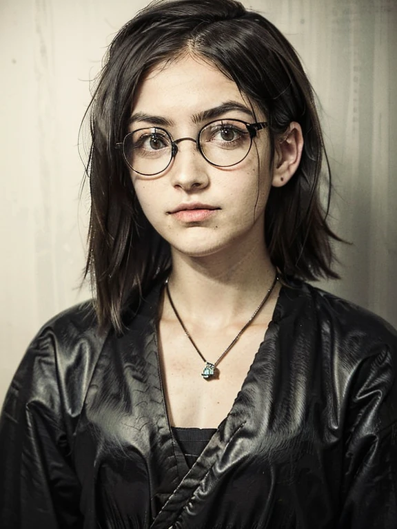 photo portrait of a young chubby Russian girl 22 years old, corneal reflections, Detailed leather texture, lump on the skin, fuzz on the skin, beautiful tired face, An indifferent expression on his face, spiky hair, very tousled semi-long brown tousled hair (rebellious late 80s hairstyle, shaved temples), amber eyes, ((glasses with lenses in black frames)), looking into the camera with the interest of a predator, Squint, a little crazy sparkle in the eyes, leather apron for naked body, muscular arms, Graceful fingers, almost imperceptible one-sided grin, in a hospital room(Morgue), a dark room, depth of field, backlight, free pose 