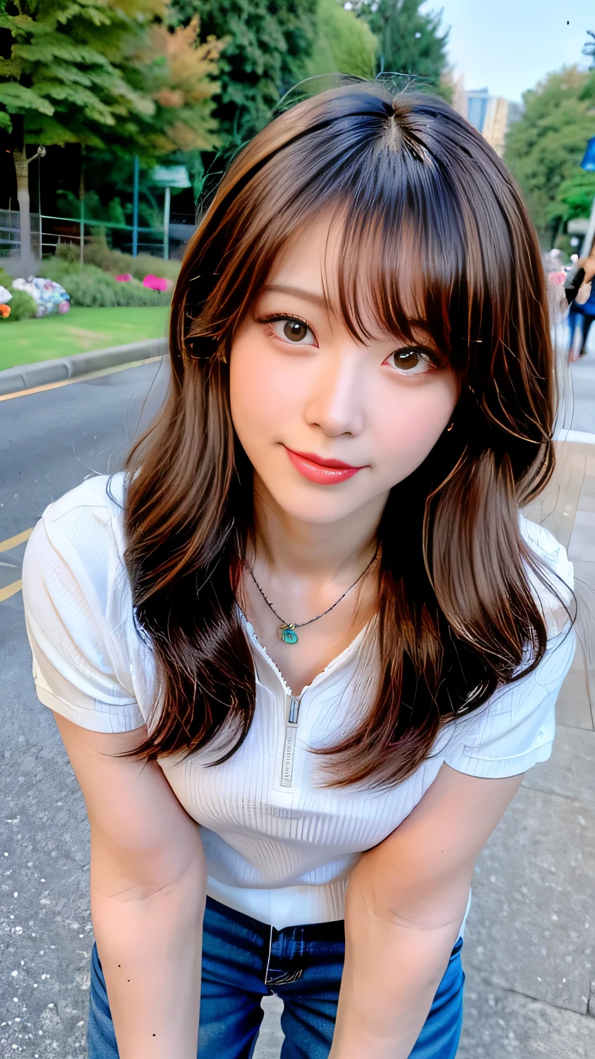 seed:4195271995,((Full Body Angle:1.1)),((Highest quality, 8K, masterpiece: 1.3)), concentrated: 1.2,Front hair:1.3, Cute girl 1,Nipples erect、 Perfect beauty: 1.4,Colorful ribbed knit half-zip T-shirt、Shorts,: 1.2,Randall Color、comics&Text Graphics、Black,1.1, Highly detailed face and skin textures, Fine grain, double eyelid, whitening skin, ,Highest quality,Ultra-high resolution,you,1 girl,alone,_Shiny_skin,Iris,necklace,((brown_length_Wavy_hair)),(lips)),eyelash,Front hair,deal with,compensate,Shiny,pore,skin big breasts、(smiling face)、Front hair、Walking in the park、walk