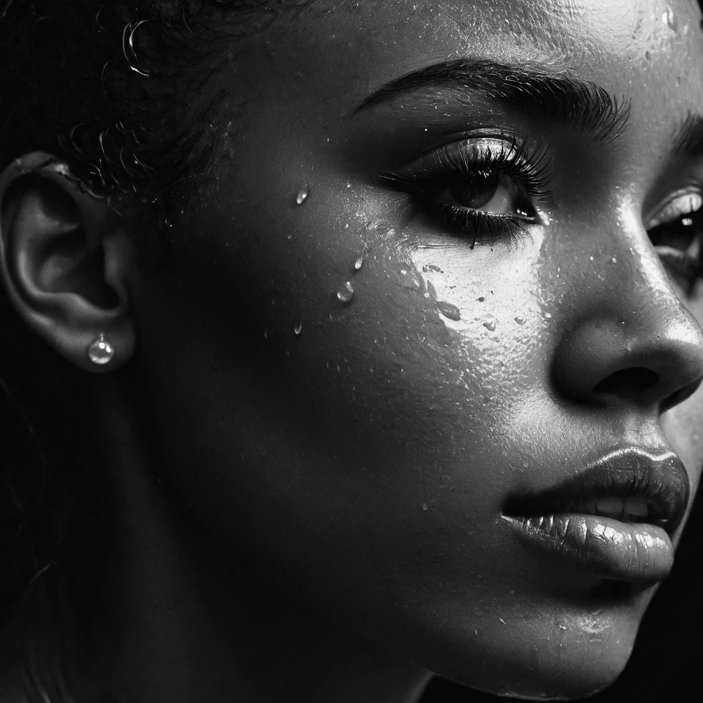 a beautiful black girl with crying a water teardrop running down her face and a black background, close up on side profile only showing cheek and eyelight falling on face, noir photorealism, mysterious portrait of a woman, chiaroscuro portrait, grainy black and white photo. close up on side profile, tinashe, zoe kravitz
