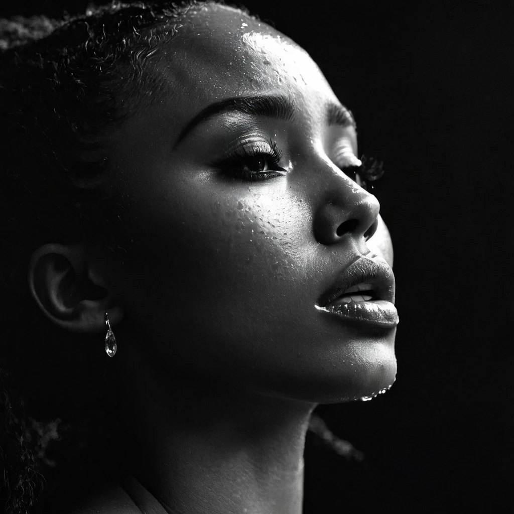 a beautiful black girl with crying a water teardrop running down her face and a black background, close up on side profile only showing cheek and eyelight falling on face, noir photorealism, mysterious portrait of a woman, chiaroscuro portrait, grainy black and white photo. close up on side profile, tinashe, zoe kravitz