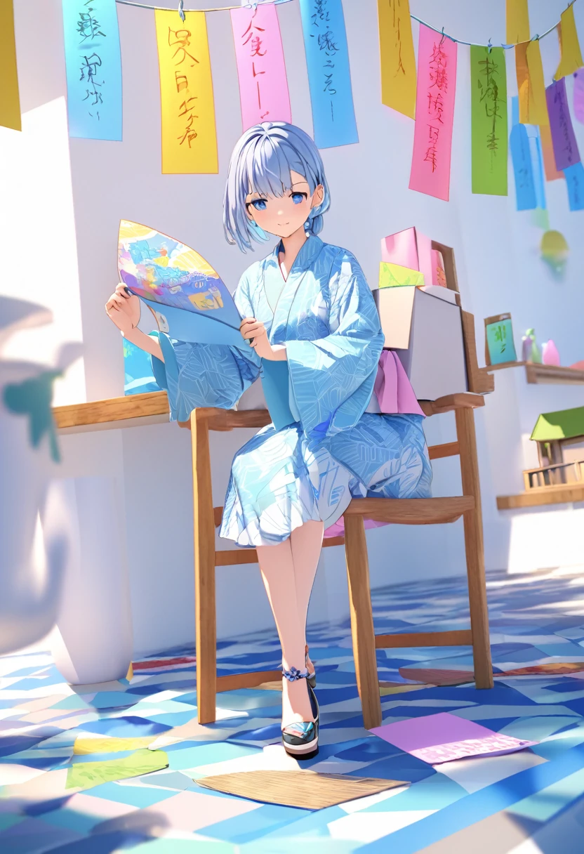 Tanabata Hikoboshi、Blue kimono full body、Please draw a cool guy Make it 3D