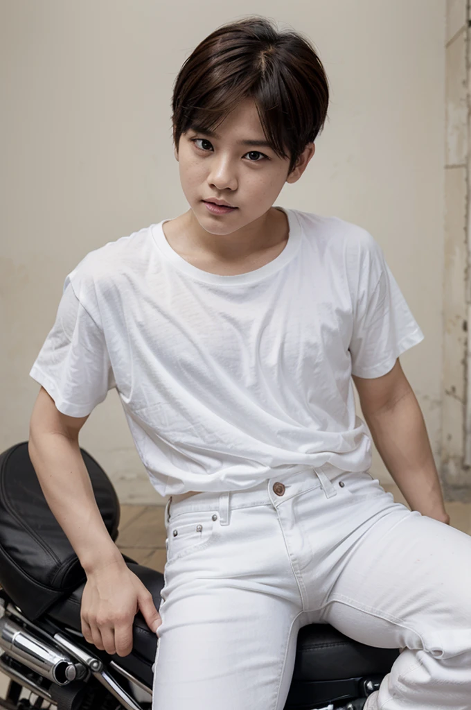 Jimin, 4 year old baby, wearing a white t-shirt, black jeans, brown hair, undercut, sitting on a motorbike, posing cool
