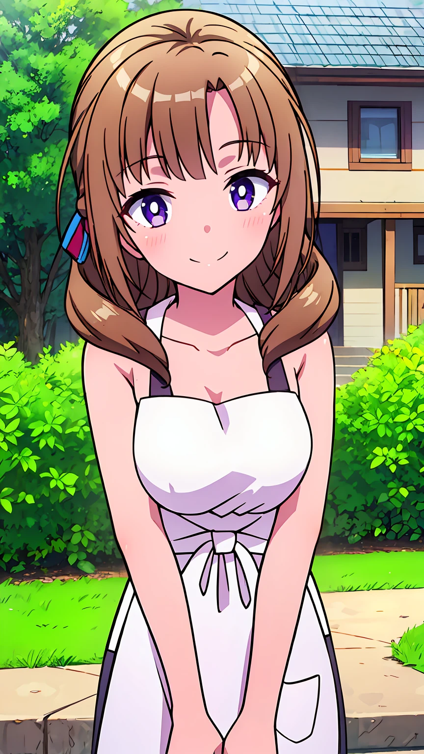 masterpiece, (best quality), 8k uhd, girl, (mamako oosuki), (naked),brown hair, long hair, (hair down), purple eyes, mature female, white shirt, pants, sweater, big breasts, ribbon, sexy woman, smile, (suspender naked apron), apron only,embarrassed, blush, bare shoulders, vibrant colors , natural lighting, beautiful, (detailed face:1.2), showcase, (perfect eyes:1.1) , (photorealistic:1.1), looking at viewer, outdoors