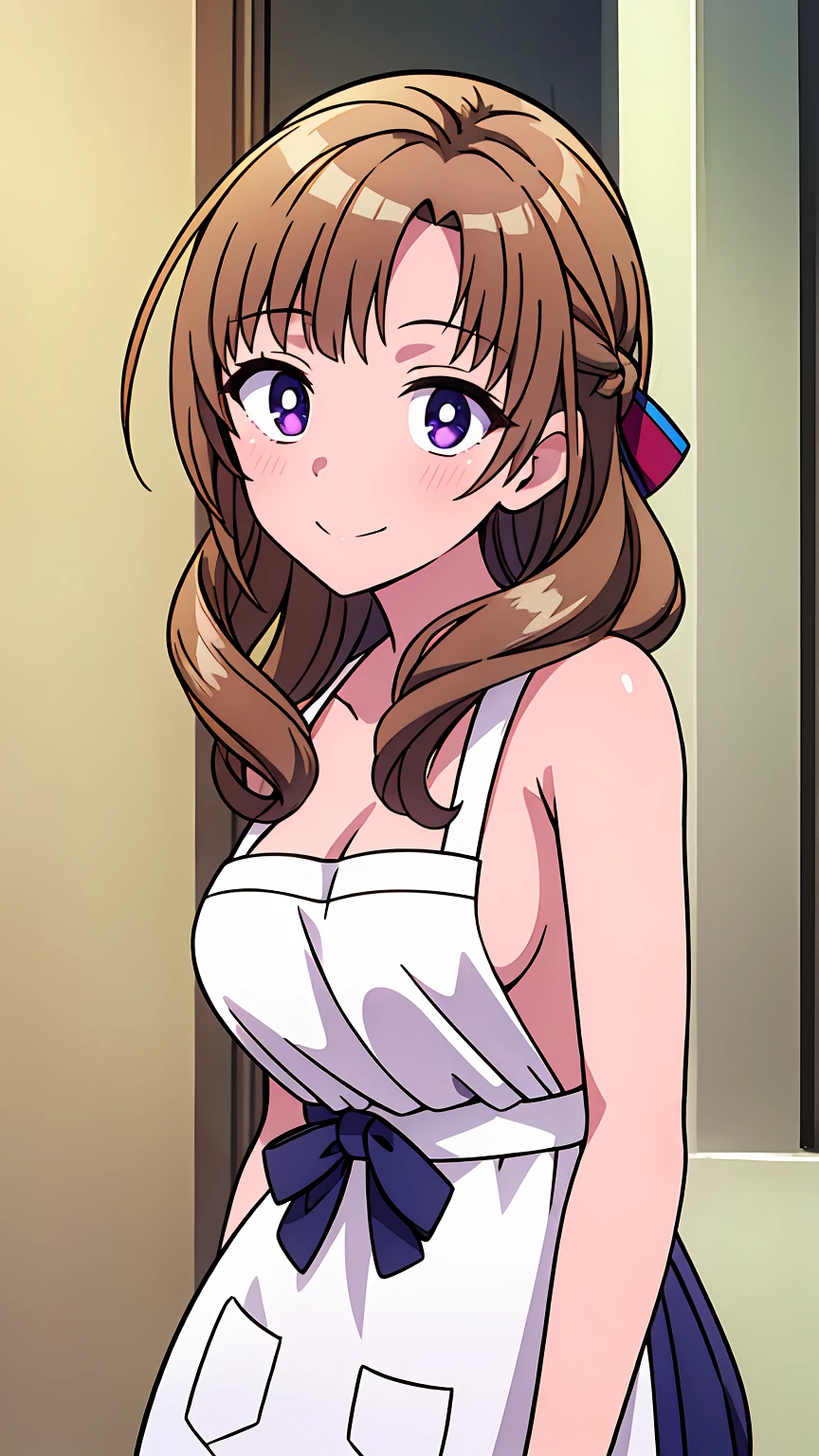 masterpiece, (best quality), 8k uhd, girl, (mamako oosuki), (naked),brown hair, long hair, (hair down), purple eyes, mature female, white shirt, pants, sweater, big breasts, ribbon, sexy woman, smile, (suspender naked apron), apron only,embarrassed, blush,  bare shoulders, vibrant colors , natural lighting, beautiful, (detailed face:1.2), showcase, (perfect eyes:1.1) , (photorealistic:1.1),  looking at viewer, outdoors