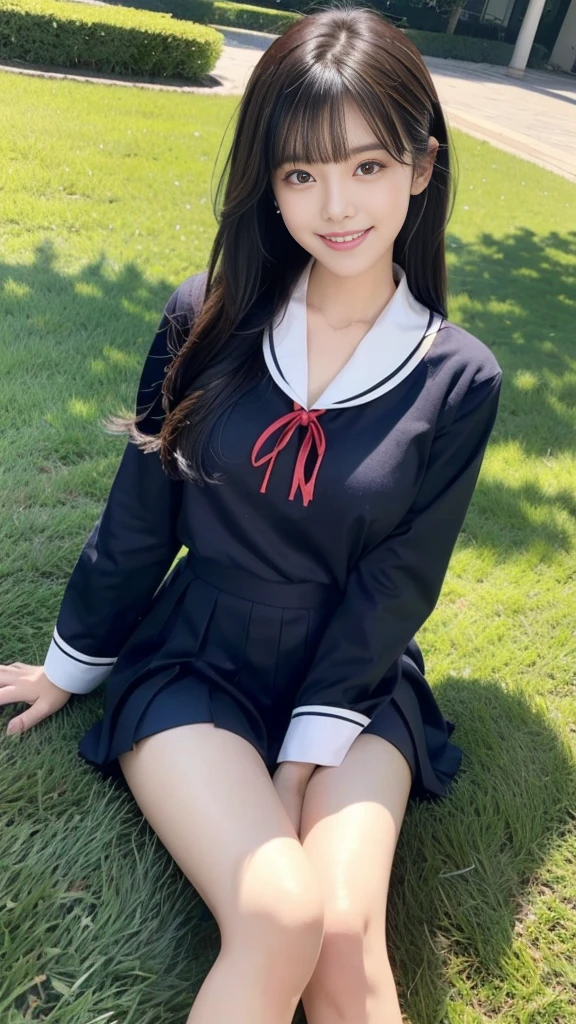 A scene of a black-haired woman wearing a sailor uniform posing on the grass in the afternoon on a sunny day, flashing her best smile