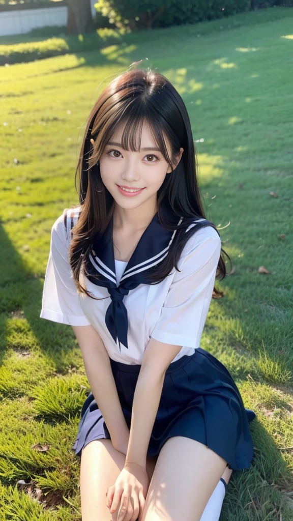 A scene of a black-haired woman wearing a sailor uniform posing on the grass in the afternoon on a sunny day, flashing her best smile