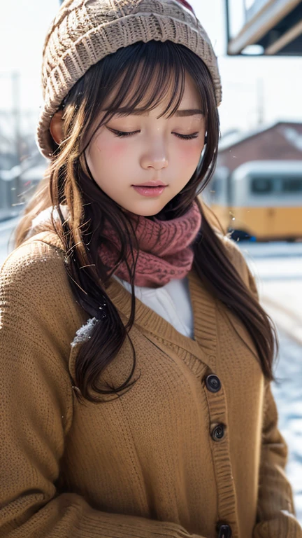 one girl, (a beauty girl, delicate girl:1.3), (18-year-old:1.3),photograph、
break, software, ((close your eyes:1.8))(scarf, Knitted hat:1.3),
break, (Symmetrical eyes:1.3),
break, (Snow Scene:1.3),(Country train station platform)
break, Small breasts, Brown eyes, Parted bangs, Brown Hair, girl,
break, (Eye and facial details:1.0),
break, (masterpiece, Highest quality, Very detailed, Detailed face, 8K)、Face up、Open your mouth a little、