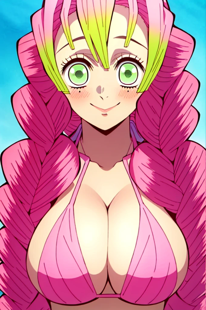 (masterpiece, best quality), intricate details,
MitsuriKanroji, kanroji mitsuri, 1girl, solo, long hair, winking, green eyes, pink hair, braid, green hair, twin braids, smile, cute smile, blushed smile, blush, blushing, large breast, huge breasts, bikini top, headshot, collarbone, neck, bare shoulders, pink bikini top, cleavage, top angle, shot from above, head shot, perfect shot, plain background, white background, photoshoot, complete head in frame, top of head, zoomed out, top of head, perfect shot, perfect framing,