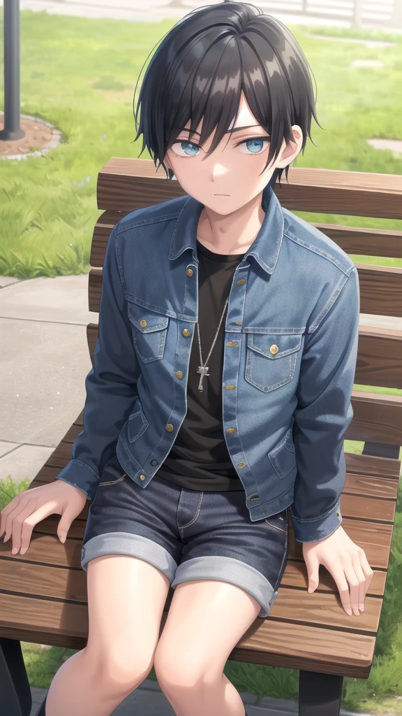 masterpiece, best quality, high quality, 1boy, solo, 14-year-old boy,evil boy,male focus, looking at viewer , black hair, old-school swoop haircut,blue jean jacket,black shorts, emerald eyes, sitting on a bench