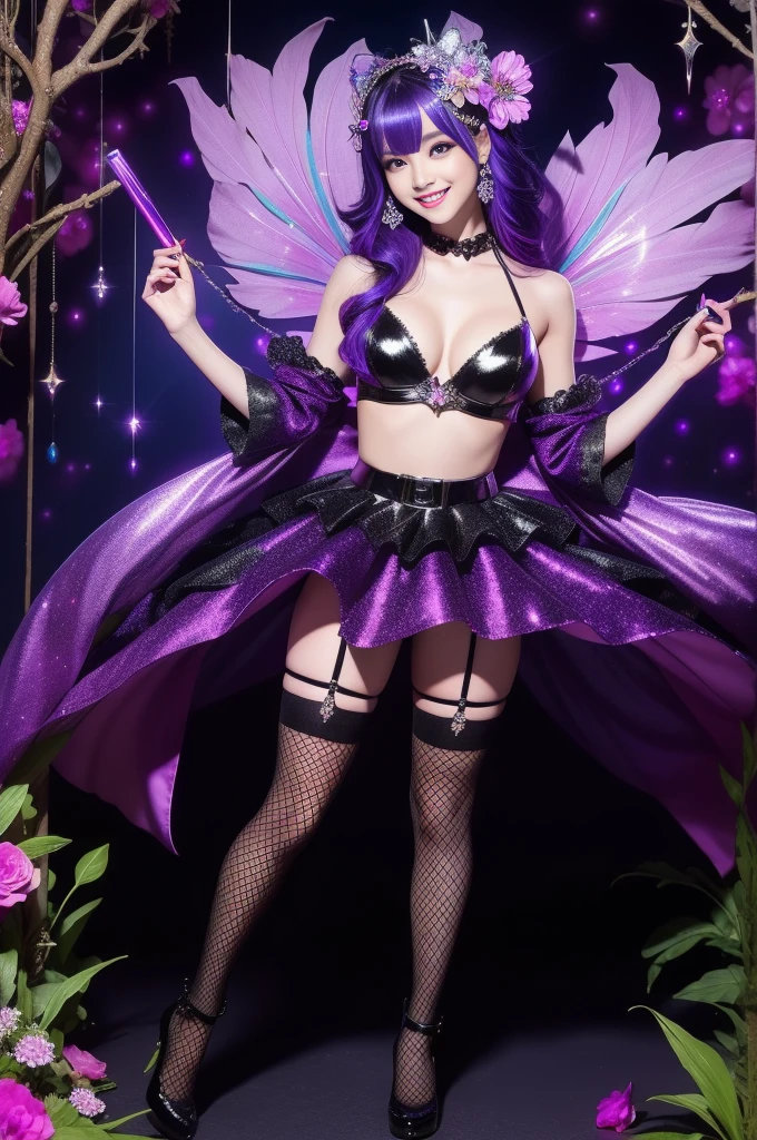 sexy female model who controls poison、beautiful smile、lipgloss、intense makeup、look at the camera、full body Esbian、、sparkling poisoned flower costume、、、、shiny sparkling multicolor hair、secrete poison、skull hair accessories、fishnet tights、shiny sparkling dark magic forest background