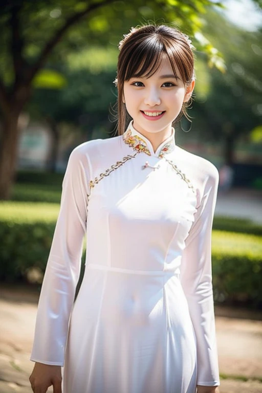 (a gorgeous lady, age 18, Vietnamese traditional dress Ao Dai, nature walk in Hanoi, friendly expression, dimpled smile, cute snaggle-tooth, short hair ponytail, beautiful detailed face, beautiful detailed eyes, ample round bosom, photorealistic, hyper-realism, high contrast, ultra HD, realistic skin textures, top image quality, top-quality, super high resolution, fine details, very meticulously, masterpiece, head to thigh, the Cowboy shot, romantic stunning, bokeh background)