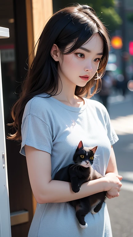 (best quality,4K,8K,high resolution,masterpiece:1.2),Extremely detailed,(Practical,photoPractical,photo-Practical:1.37),Human Development Report,Ultra HD,Studio Lighting,Super Fine,Clear focus,Physically Based Rendering,Extremely detailed的描述,professional,Bright colors,Bokeh,portrait,1 girl,((Cat's Eye)),(Ponytail),(Ribbon),(maid),咖啡店1 girl, Purple and blackish hair, Large Breasts, (((Full and soft breasts,)))(((Huge breasts))) (((Cleavage))) (Perfect curvy figure),Sexy body, Angry face, Wear , Wear