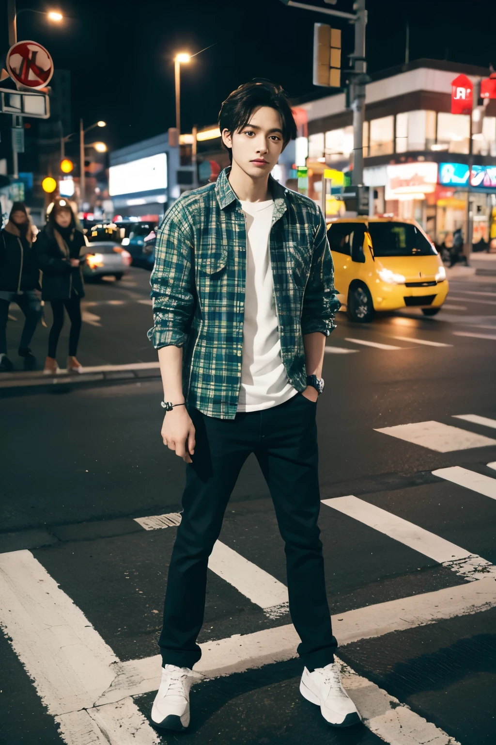 1 men, full body, flanel, traffic signlights