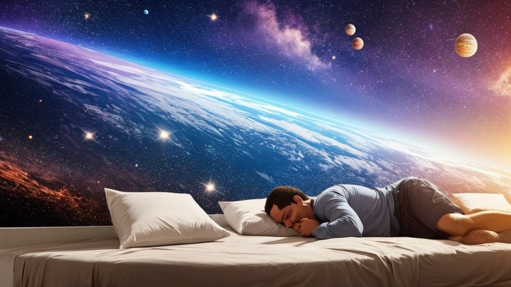 a man sleeping peacefully on a bed in outer space