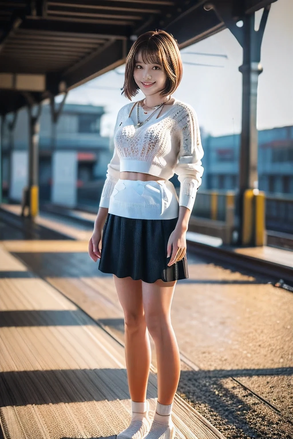 (Standing on the station platform:1.5)、(A kind smile:1.5)、(18-year-old female:1.5)、(The best quality at its best:1.4), (Super detailed), (Very detailed CG unified 16k), Beautiful woman with perfect figure: 1.4, Sharp focus: 1.2, Very detailed, High-quality RAW color photos, Professional photography, Great face and eyes, cosmetics, (Amazingly beautiful girl), ((White summer knit with black tight skirt:1.5)), Realistic movie faces, Full body long view from head to toe, Realistic, ((Realistic natural orange red hairstyle)), ( Short Bob Hair:1.5), (necklace:1.5)、, Very beautiful face, Perfect model beauty, Mouth swelling, Highly detailed face and skin texture, Fine grain, double eyelid, Medium chest, (masterpiece), Highest quality, High resolution, Very detailed, Blurred Background, Depth of written boundary, Cinema Lighting, Great legs, , Clear, well-maintained skin,((Full body shot from head to toe:1.5))