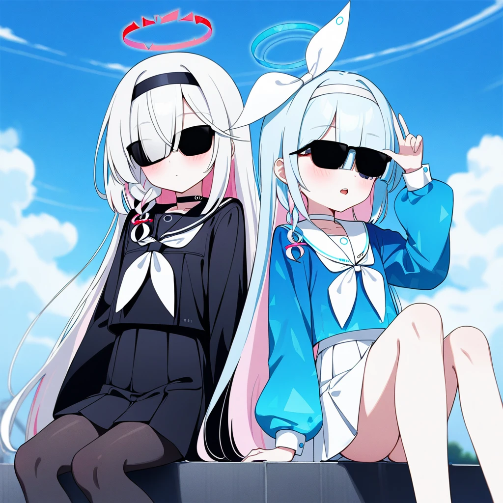 2girls sunglasses, blue archive, arona \(blue archive\), plana \(blue archive\), adjusting_eyewear, black choker, black coat, black eyes, black hairband, black pantyhose, black sailor collar, black serafuku, black shirt, black skirt, blue eyes, blue hair, blue halo, blue pupils, blue shirt, blue sky, blush, bow hairband, braid, breasts, buttoned cuffs, buttons, choker, closed mouth, cloud, coat, colored inner hair, day, film grain, hair over one eye, hair ribbon, hairband, halo, light blue hair, long hair, long sleeves, looking at viewer, miniskirt, multicolored hair, multiple girls, neckerchief, open mouth, outdoors, pantyhose, pink hair, pleated skirt, puffy long sleeves, puffy sleeves, red halo, red pupils, ribbon, sailor collar, sailor shirt, serafuku, shirt, short hair, side braid, single braid, sitting, skirt, sky, small breasts, sunglasses, teeth, thighs, two-tone hair, upper teeth only, white choker, white hair, white hairband, white neckerchief, white ribbon, white sailor collar, white skirt
