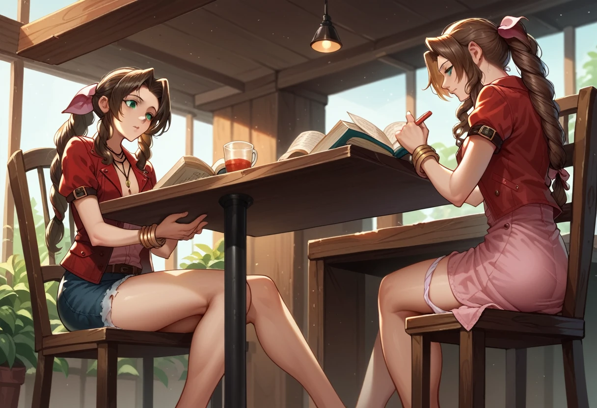 Aerith sitting in a chair reading a book at a cafe、With legs apart、There are stains on my panties.、An angle to see the crotch from under the table