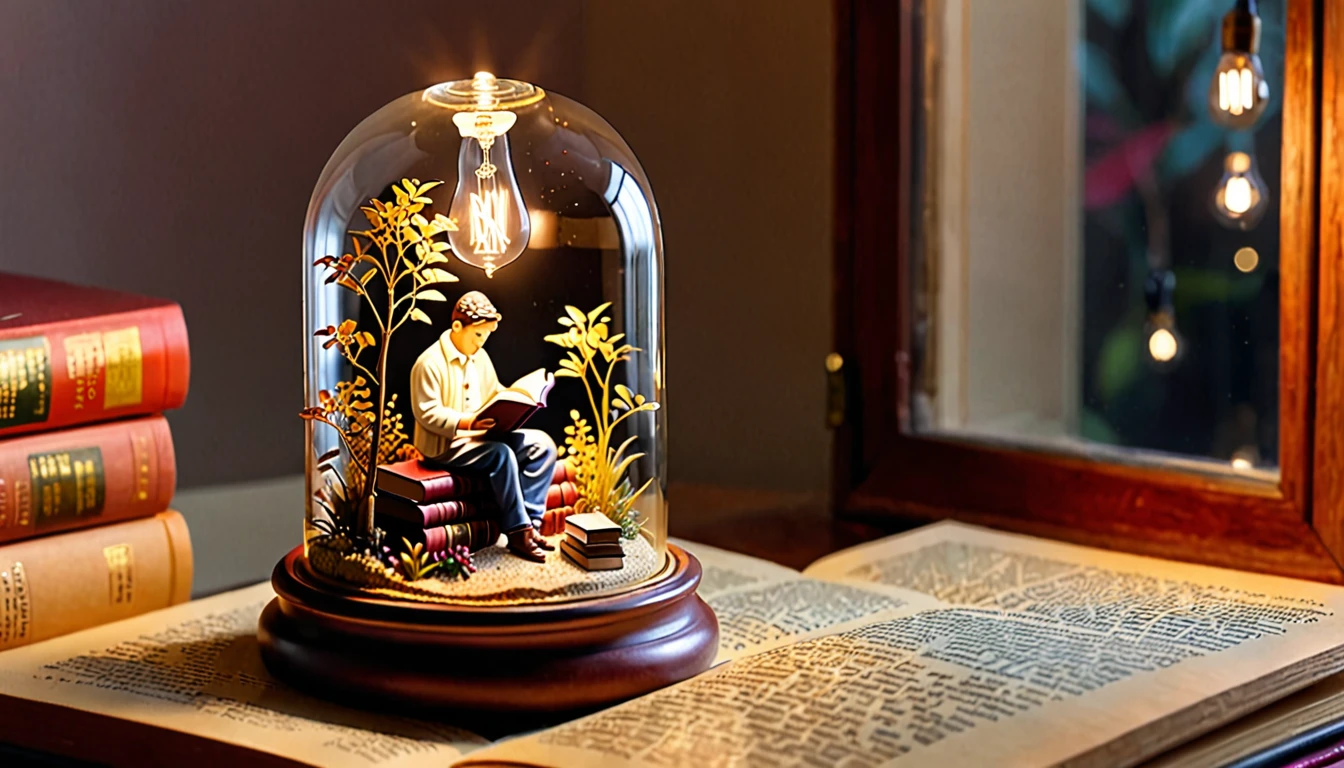 A captivating miniature diorama encased within a transparent glass bottle, topped with a cork lid. A soft, warm glow emanates from a tiny light bulb above the scene. At the center, a meticulously crafted miniature figure of a person sits atop a pile of even smaller books, engrossed in reading. The delicate artistry of the scene is held in the palm of a hand, creating a charming and whimsical handheld art piece or decorative item.