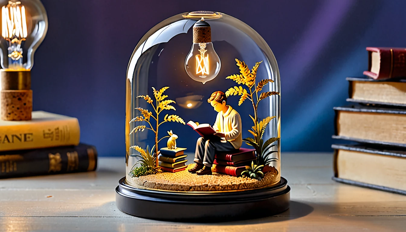 A captivating miniature diorama encased within a transparent glass bottle, topped with a cork lid. A soft, warm glow emanates from a tiny light bulb above the scene. At the center, a meticulously crafted miniature figure of a person sits atop a pile of even smaller books, engrossed in reading. The delicate artistry of the scene is held in the palm of a hand, creating a charming and whimsical handheld art piece or decorative item.