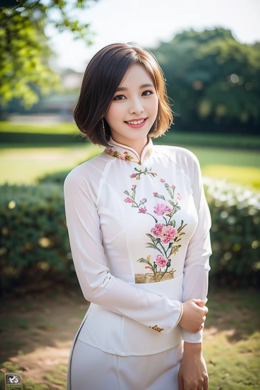 (a gorgeous lady, age 18, Vietnamese traditional dress Ao Dai, nature walk in Hanoi, friendly expression, dimpled smile, cute snaggle-tooth, short bob hair, beautiful detailed face, beautiful detailed eyes, ample round bosom, photorealistic, hyper-realism, high contrast, ultra HD, realistic skin textures, top image quality, top-quality, super high resolution, fine details, very meticulously, masterpiece, head to thigh, the Cowboy shot, romantic stunning, bokeh background)