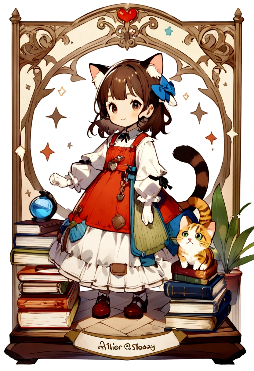 Create a Disney Pixar style character with the following characteristics in Atelier: two cats in books, a tabby and a tabby kitten
