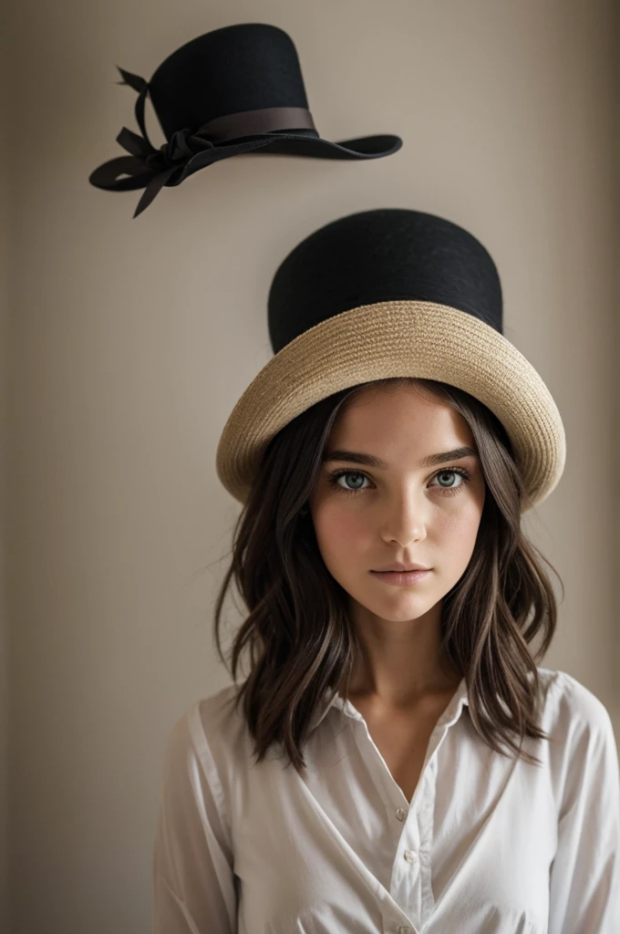 Je voudrais une fille en costume de major d'homme avec un chapeau haut de forme, elle a des cheveux long qui recouvre son visage jusqu'a son nez, elle est au millieu d'une salle sombre et elle est éclairé sur une scène