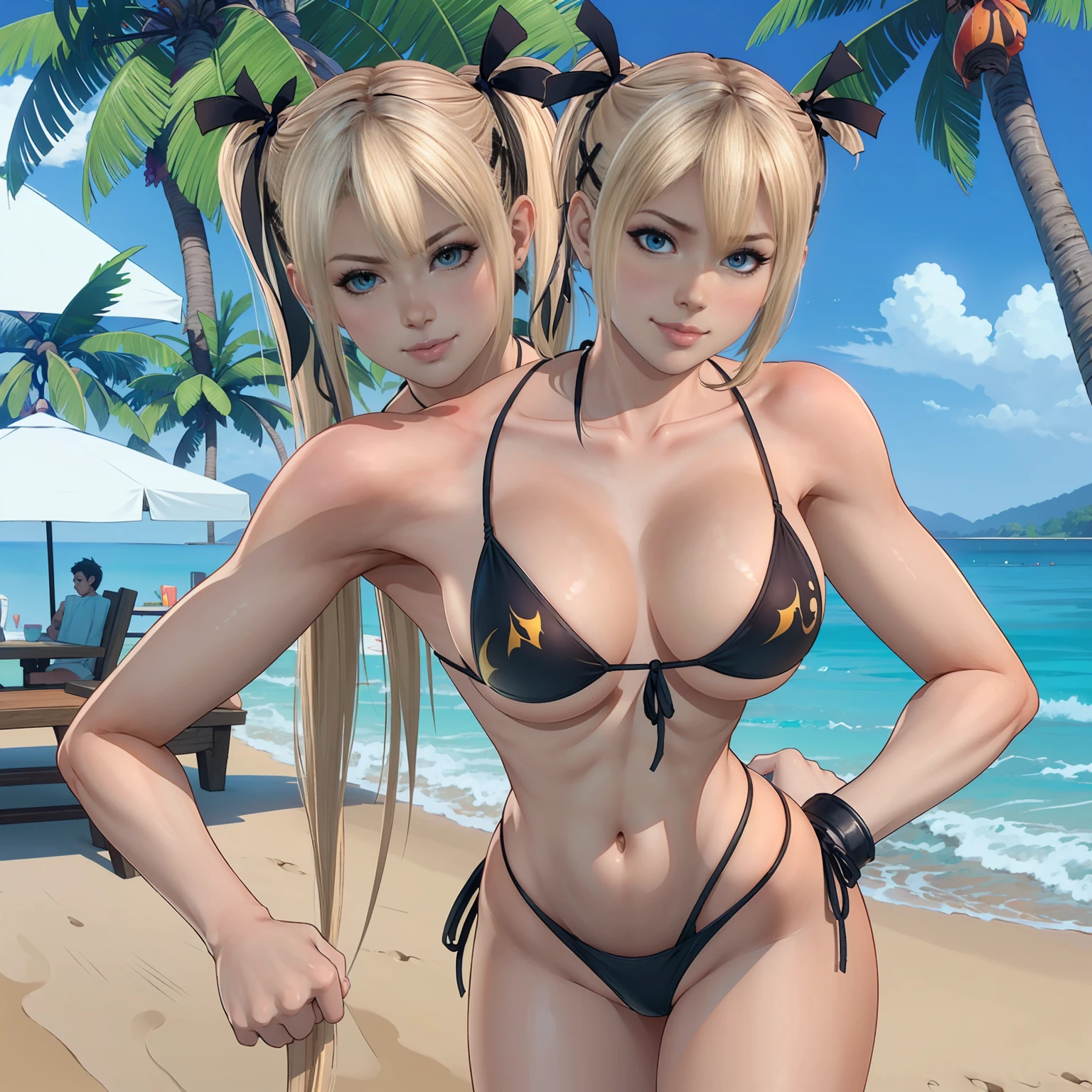 uploaded on e621, explicit content, 3d, (bastika, cutesexyrobutts, hioshiru), female, solo, Marie Rose, beach setting, volley, (black bikini:1.2), large breasts, natural breasts, milf, standing, three quarters portrait, closeup,