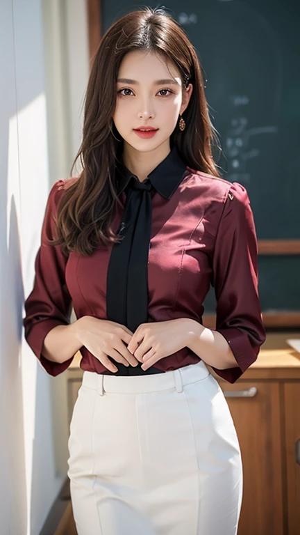 K quality、Highest quality、High resolution.、Actual photo、45 year old mature woman、female teacher、Silk blouse、