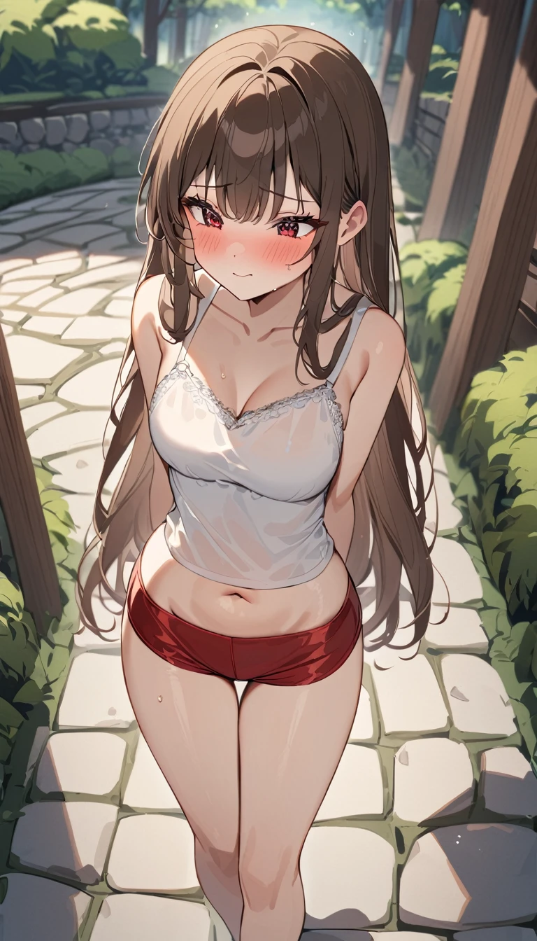 masterpiece, Highest quality，Cute doodles，One Girl，Cute face, Red cheeks and nose, Embarrassed, Brown Hair, Silky long hair, hot pants，White camisole，Navel, Very short stature，Hands Behind Back, Walking，Rainforest Garden Walkway, Dark green, Cobblestone promenade, The background is blurred