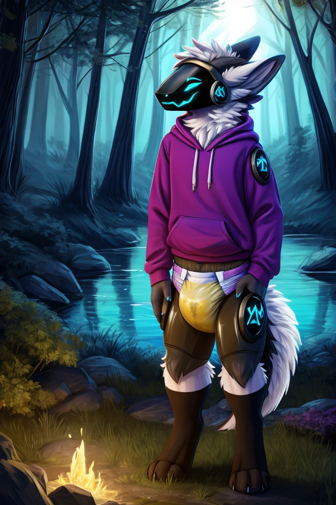 A protogen femboy wearing a sweatshirt and diaper with urine and white socks standing in a dark magical forest near a lake at night 