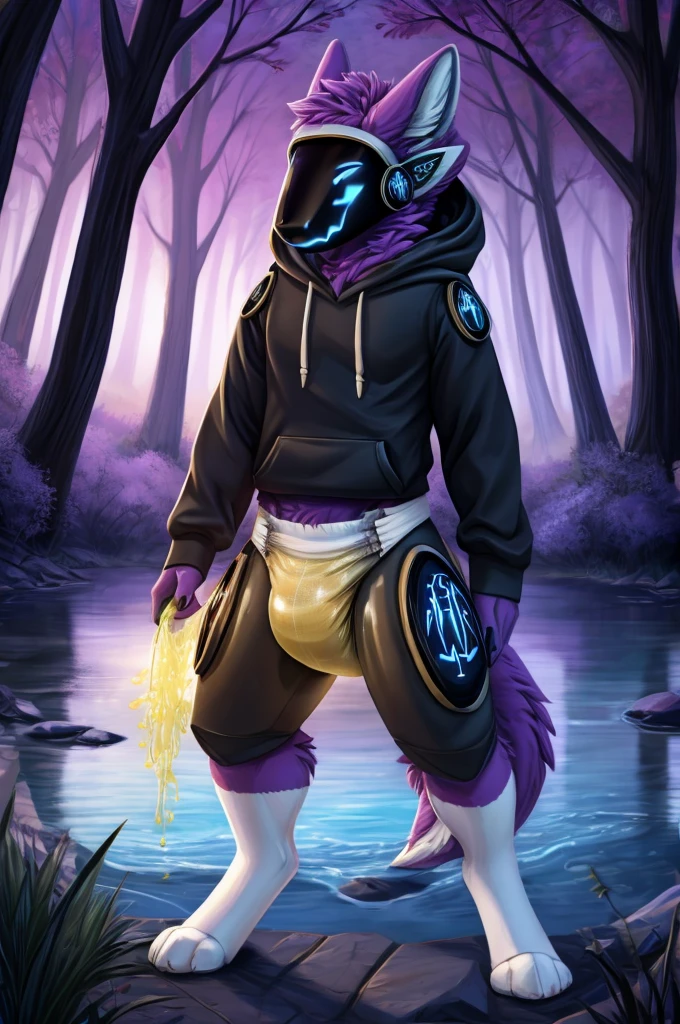 A protogen femboy wearing a sweatshirt and diaper with urine and white socks standing in a dark magical forest near a lake at night 