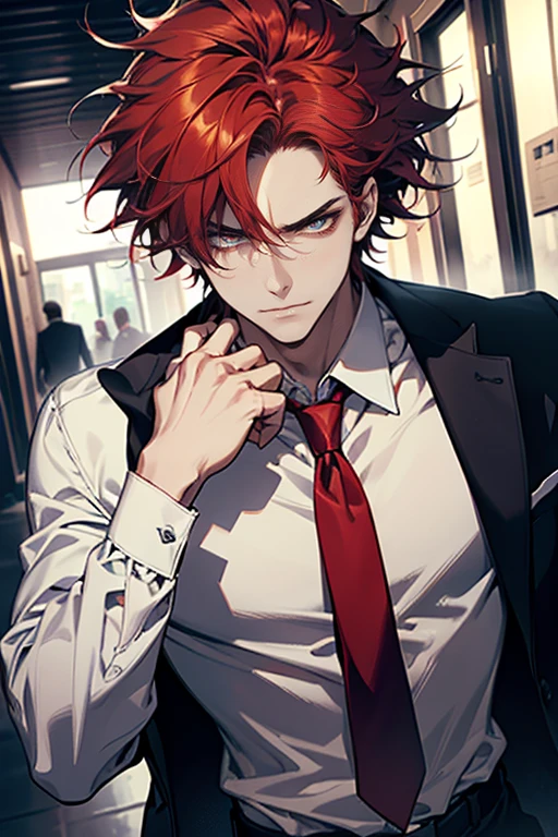 (tmasterpiece, high resolution, ultra - detailed:1.0), (1 male, masculine face), Perfect male body, tall and strong, Adult male, Delicate eyes and delicate face, Extremely detailed CG, Unity 8k wallpaper, Complicated details, Detailed face, ((red hair, messy hair, serious faces, white shirts, CEO)), ((frown, expression in love smile:1)), corridor, street style, color difference, Depth of field, dramatic shadow, Ray tracing, Best quality, Cinematic lighting, offcial art,Portrait