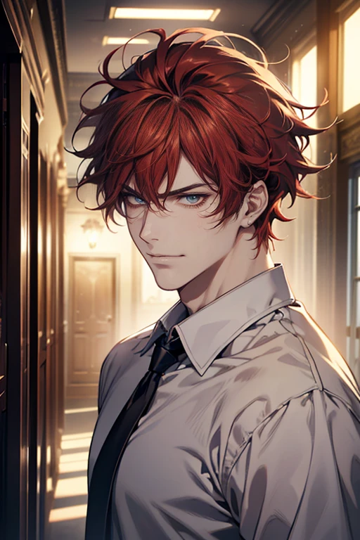 (tmasterpiece, high resolution, ultra - detailed:1.0), (1 male, masculine face), Perfect male body, tall and strong, Adult male, Delicate eyes and delicate face, Extremely detailed CG, Unity 8k wallpaper, Complicated details, Detailed face, ((red hair, messy hair, serious faces, white shirts, CEO)), ((frown, expression in love smile:1)), corridor, street style, color difference, Depth of field, dramatic shadow, Ray tracing, Best quality, Cinematic lighting, offcial art,Portrait