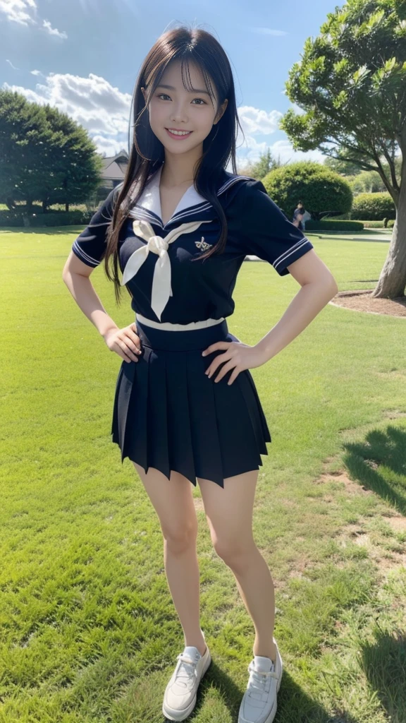 A scene of a black-haired woman wearing a sailor uniform standing on the grass in the afternoon on a sunny day, with her hands on her hips and a big smile on her face