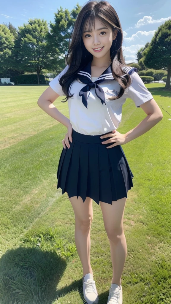 A scene of a black-haired woman wearing a sailor uniform standing on the grass in the afternoon on a sunny day, with her hands on her hips and a big smile on her face