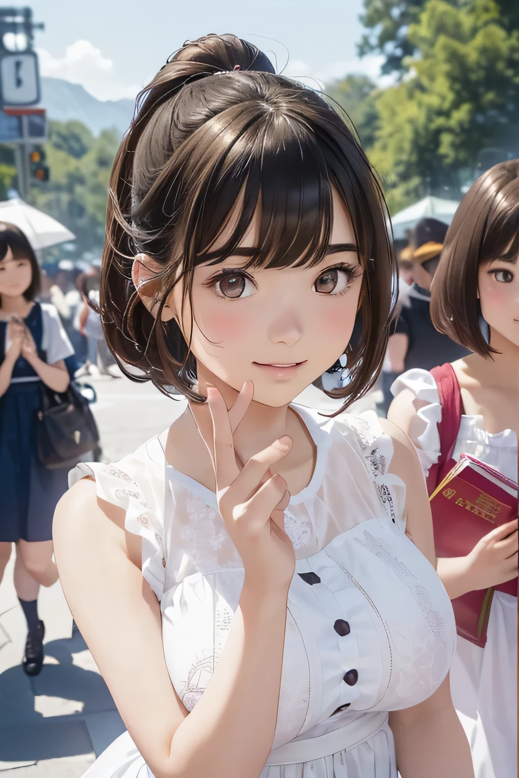 Highest quality、High resolution、Detailed Background、(Beautiful face in every detail:1.4)、Anatomically correct、Normal number of fingers、(Detailed facial expressions)、(Detailed eyes:1.2)、Teenage beauty、(Highly detailed face:1.4)、(Huge breasts:1.2)、Perfect body line、cute hair color、Bobcut、ponytail、cute hairstyle、well-groomed eyebrows、Sunny outdoors、A big smile、smile、A fun atmosphere、Cute gestures、(Three girls standing next to their friends in A fun atmosphere:1.5)、Sleeveless maid dress in sheer material、cute