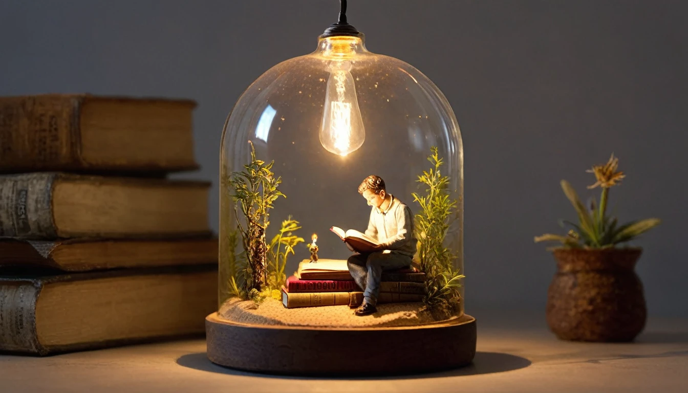A captivating miniature diorama encased within a transparent glass bottle, topped with a cork lid. A soft, warm glow emanates from a tiny light bulb above the scene. At the center, a meticulously crafted miniature figure of a person sits atop a pile of even smaller books, engrossed in reading. The delicate artistry of the scene is held in the palm of a hand, creating a charming and whimsical handheld art piece or decorative item.