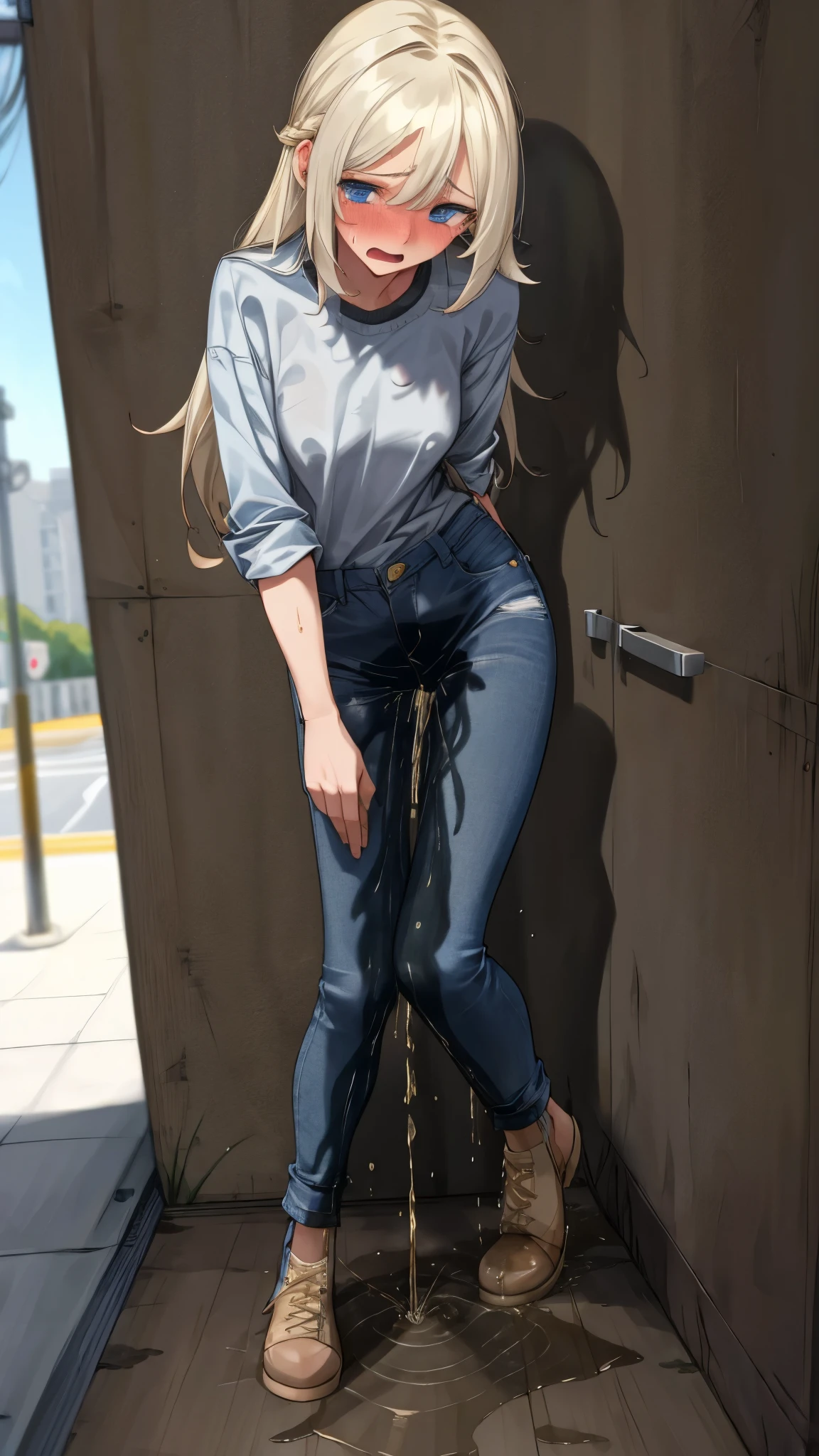 ((best quality, masterpiece:1.3, 8K)), (detailed), highly detailed face and skin texture, detailed eyes, downtown, full body, slender body, 1girl, 25 years old, white skin, blue eyes, worried, embarrassed, blond hair, straight hari, long hair, (forehead:0.8), (stylish shirt:1.2), jeans pants, skinny jeans, blue jeans, stylish shoes, peeing jeans, peeing pants, pee stain, (wetting herself:1.2), desperation,