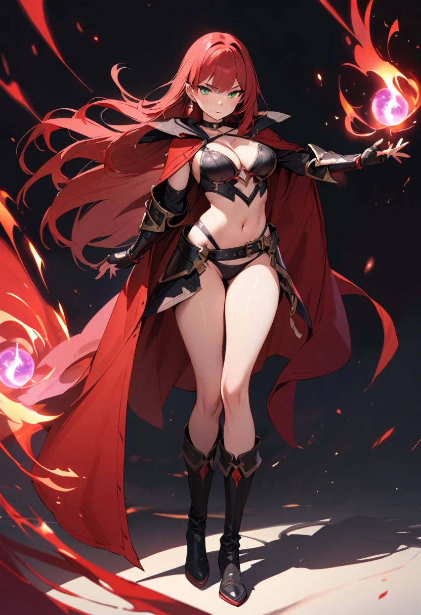 (masterpiece:1.2), (highest quality:1.2), 1girl, solo, red-hair, red-cape, breasts, green-eyes, long-hair, cape, navel, looking-at-viewer, jewelry, earring, belt, choker, gloves, magic, standing, ass-visible-through-thighs, boots, cleavage, closed-mouth, midriff, collarbone, red-lips, medium-breasts, legs-apart, makeup, thighs, full-body, simple-background, lipstick, revealing-clothes, black-choker, fingerless-gloves, black-gloves, waist-cape, shadow, lips, stomach, bangs, black-footwear, panties, armor, black-panties
