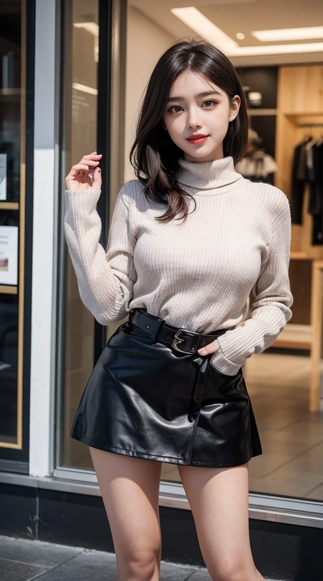 Beautiful girl standing in front of a store in a shopping mall,
(Surreal,High resolution, Very detailedな:1.2), (8K), (Beautiful and fine details, Detailed face:1.2), (Highest quality), (Ultra-detailed), (( Tabletop)),Highest quality,Very detailed,
Beautiful woman standing wearing a dark red checked single-breasted blazer ,break, White turtleneck sweater,break,
High-waisted flared jumper skirt、Blue belt included,break,
Black Medium Bob, Beautiful and delicate eyes, Cute face, bust, Big Boss, Beautiful and delicate face, Captivating smile,
Age 25, Mature Appearance, Realistic drawing art ,
1 Female, (Full Body Lesbian:1.2),(Head to Bust Image Scope),