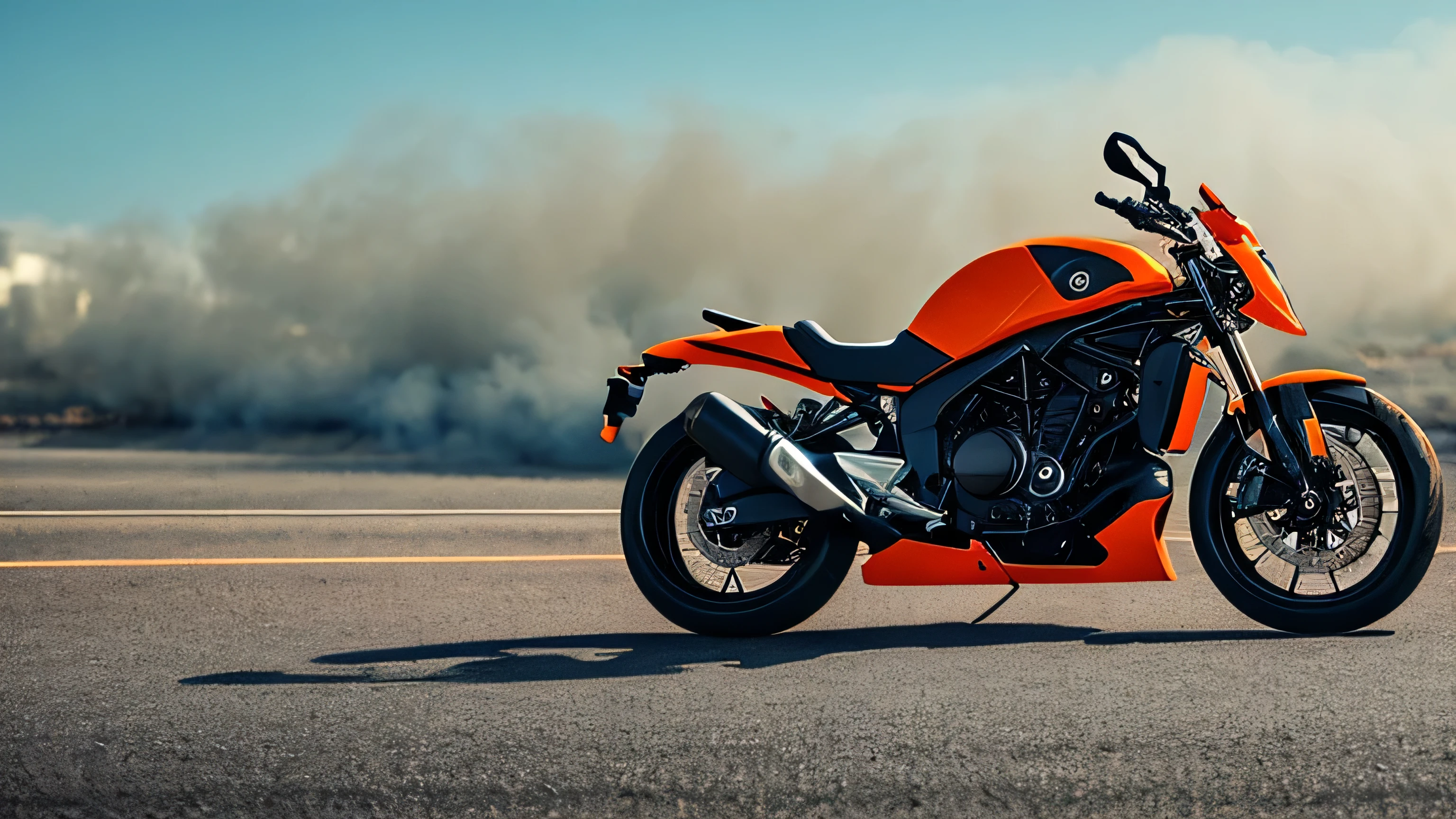 Generate orange motorcycle image, blowing smoke out of the tires, urban style