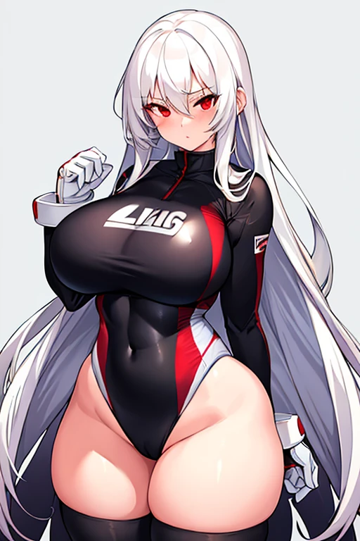 1girl, white hair, long hair, red eyes, serious, glowing eyes, large breasts, thick thighs, mature female, athletic female, toned, one-piece swimsuit, competition swimsuit, long sleeves, sleeves, gloves, black one-piece swimsuit, thighhighs, wet