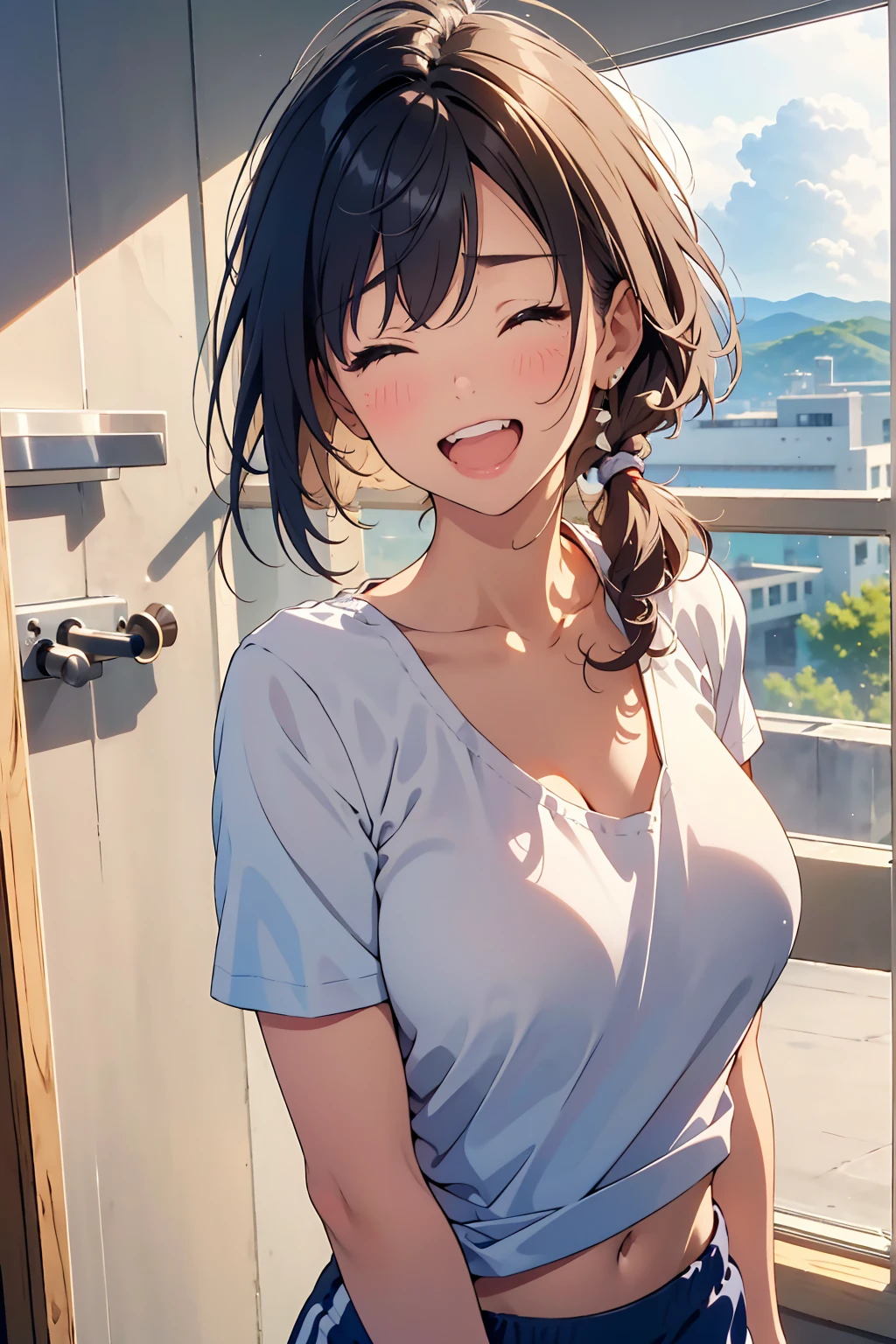 masterpiece,best quality, ultra high res,(beautiful woman:1.2),(beautiful Busty breasts:1),(happy:1.2),(enjoy:1.2), (dark hair:1), (short low ponytail:1.2), medium hair,a sexy mole around the mouth,wet lip, (burst into laughter:1.4), (squinting:1.4),(simple plain uniform:1.5),(gym uniform:1), school gym clothes,(plain:1.8),(wearing round neck white t-shirt:1.2), navy blue short Sweatpants , upper body shot