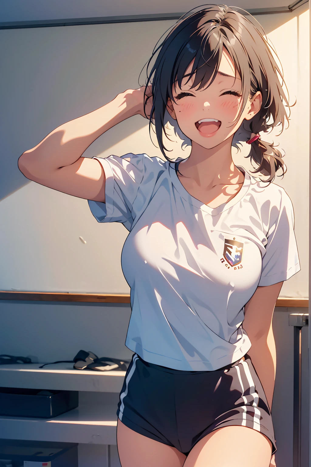 masterpiece,best quality, ultra high res,(beautiful woman:1.2),(beautiful Busty breasts:1),(happy:1.2),(enjoy:1.2), (dark hair:1), (short low ponytail:1.2), medium hair,a sexy mole around the mouth,wet lip, (burst into laughter:1.4), (squinting:1.4),(simple plain uniform:1.5),(gym uniform:1), school gym clothes,(plain:1.8),(wearing round neck white t-shirt:1.2), navy blue short Sweatpants , upper body shot