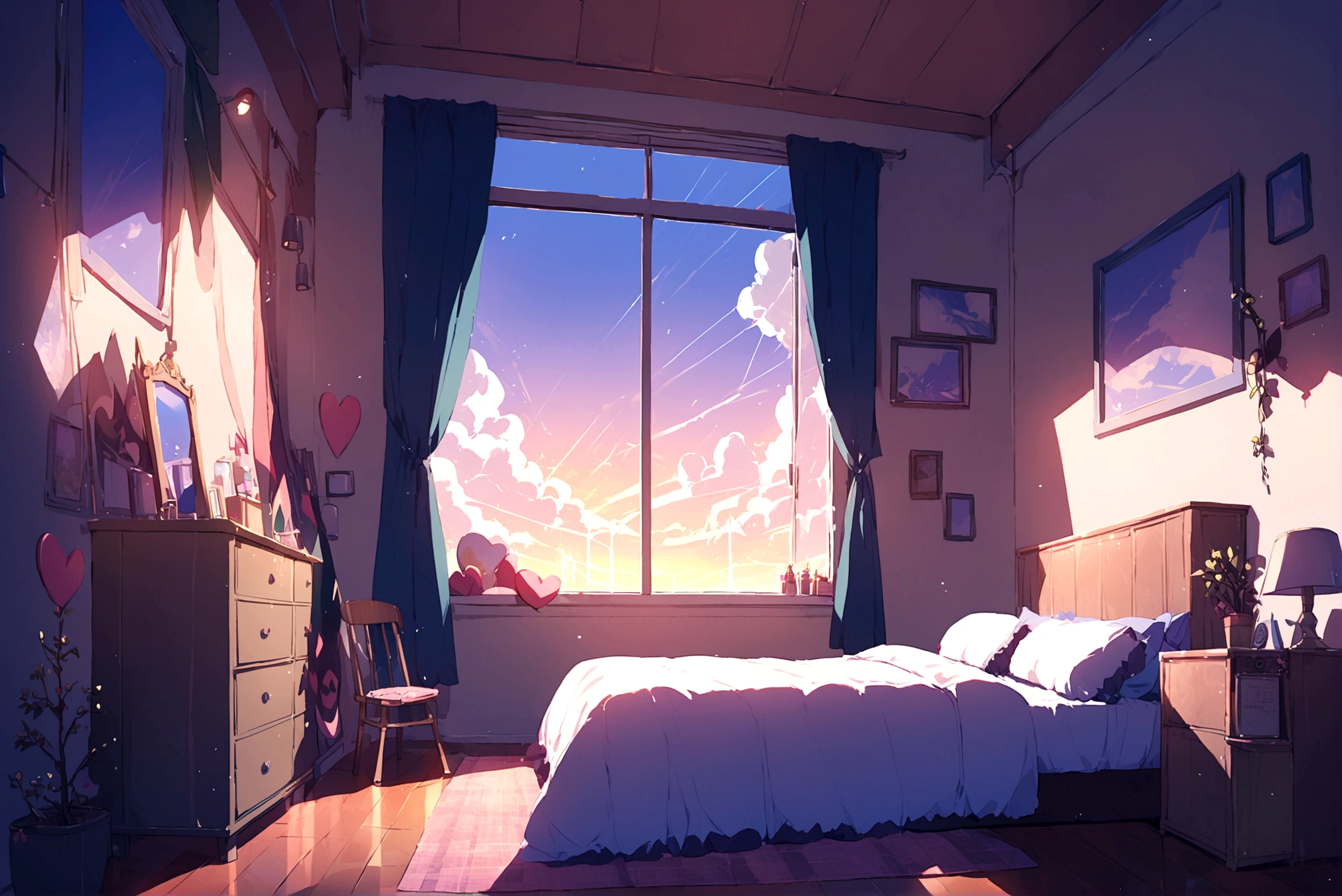 room、White bed、Wooden desk、lamp、mat、Warm Light、window、かわいいroom、Heart Cushion、Chair、background