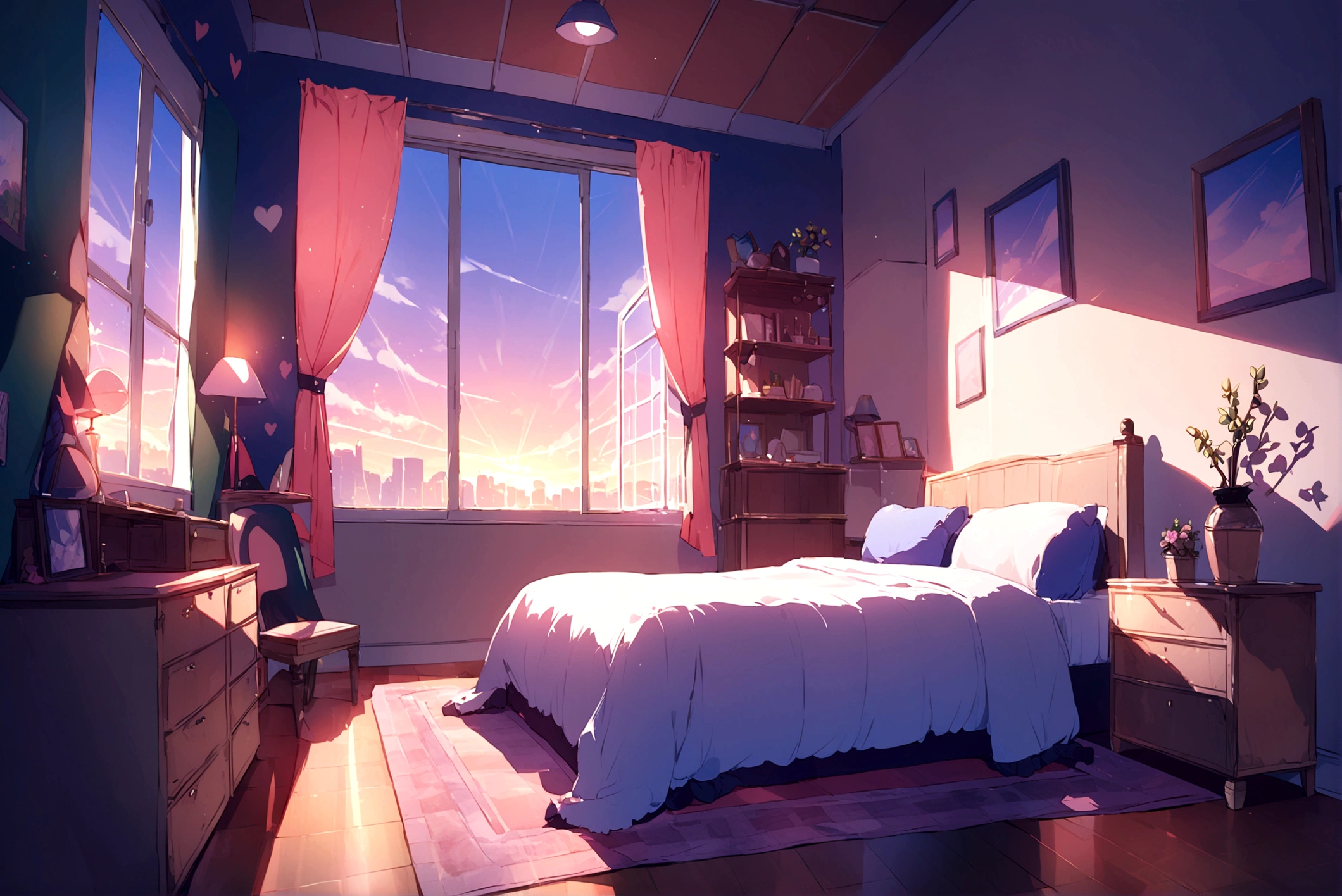 room、White bed、Wooden desk、lamp、mat、Warm Light、window、かわいいroom、Heart Cushion、Chair、background