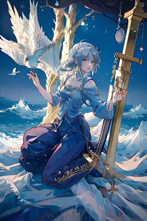 troubadour, lyra, on the sea, play the lute, sing the requiem,man