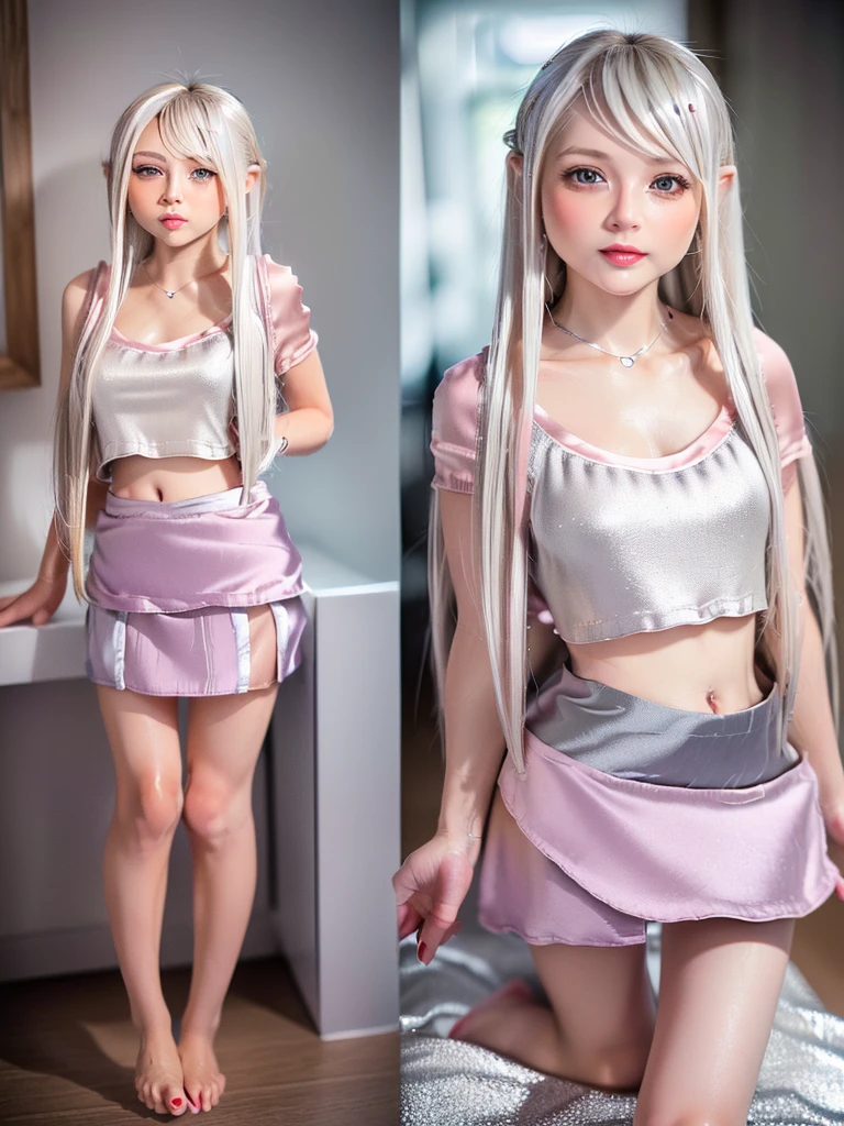 8K, RAW Photos, Fujifilm, Beautiful 20 year old woman style photo, (((Silver Blonde Hair:1.3,Beautiful silver blonde straight hair、Silky silver blonde)))、((Big eyes)), ((Pink blush)), (((barefoot))), (((mini skirt:1.5))), Gold earrings, (Highly detailed skin: 1.2), Film Grain, 35mm, Cute Style, Bright lighting, indoor, Thighs
