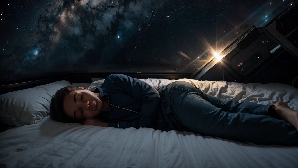a man sleeping peacefully on a bed in outer space
