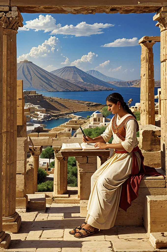 An ancient Mesopotamian mathematician making notes, Greek clothing, greece background,antigua